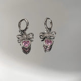 Goth Bow Heart Earrings Pink Peach Pendant Egirl Y2K Accessories