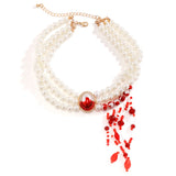 Goth Red Blood Pattern Pearl Chain Necklace Women Tassel Pendant Halloween