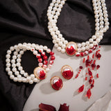 Goth Red Blood Pattern Pearl Chain Necklace Women Tassel Pendant Halloween