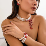 Goth Red Blood Pattern Pearl Chain Necklace Women Tassel Pendant Halloween