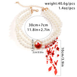 Goth Red Blood Pattern Pearl Chain Necklace Women Tassel Pendant Halloween