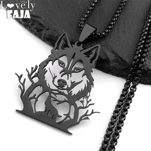 Goth Full Moon Wolf Head Pendant Necklace Forest Tree Animal Jewelry N2032S03