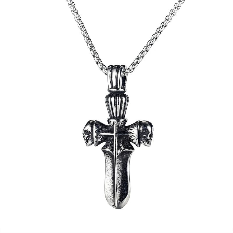 Goth Retro Sword Skull Pendant Necklace Punk Stainless Steel Skeleton Neck Chain