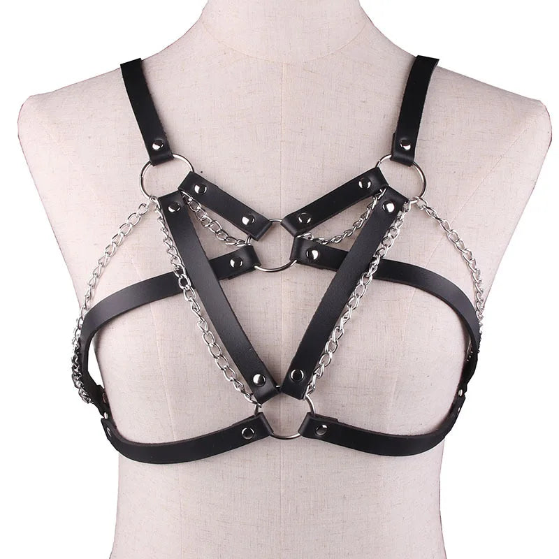 Goth Leather Body Harness Metal Chains Necklace Women Bra Top Chest Chain Belt