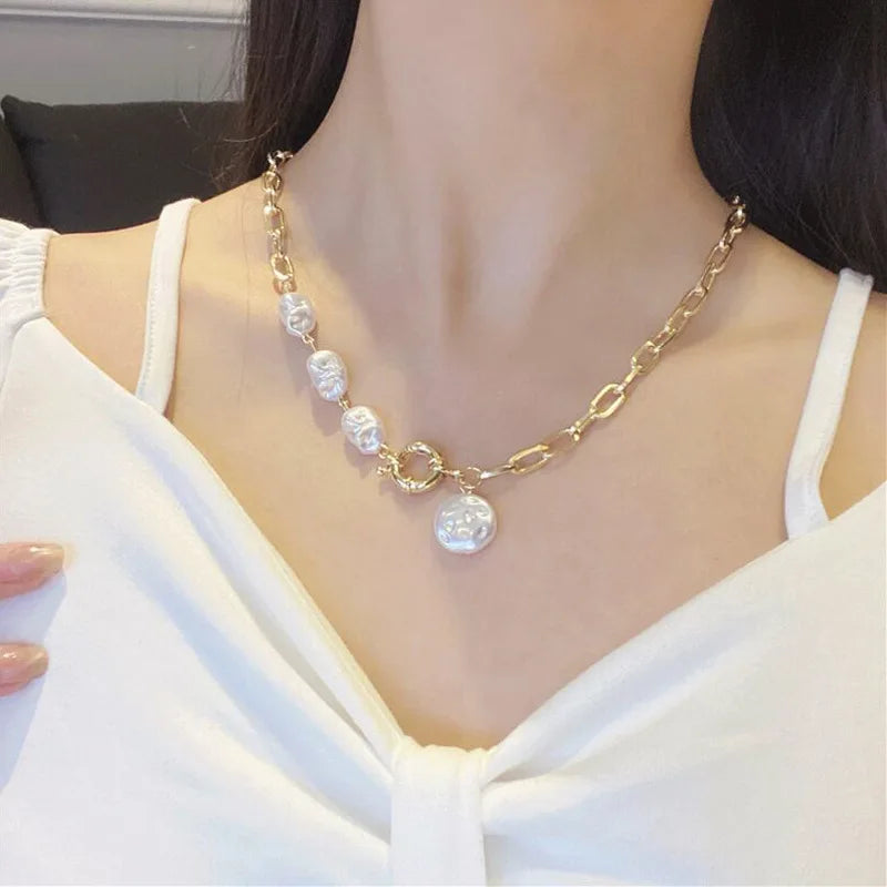 Goth Pearl Metal Choker Necklace Lasso Pendants Women Jewelry
