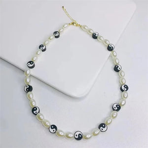 Goth Pearl Tai Chi Yin Yang Necklace Women Beads DIY Harajuku Neckla
