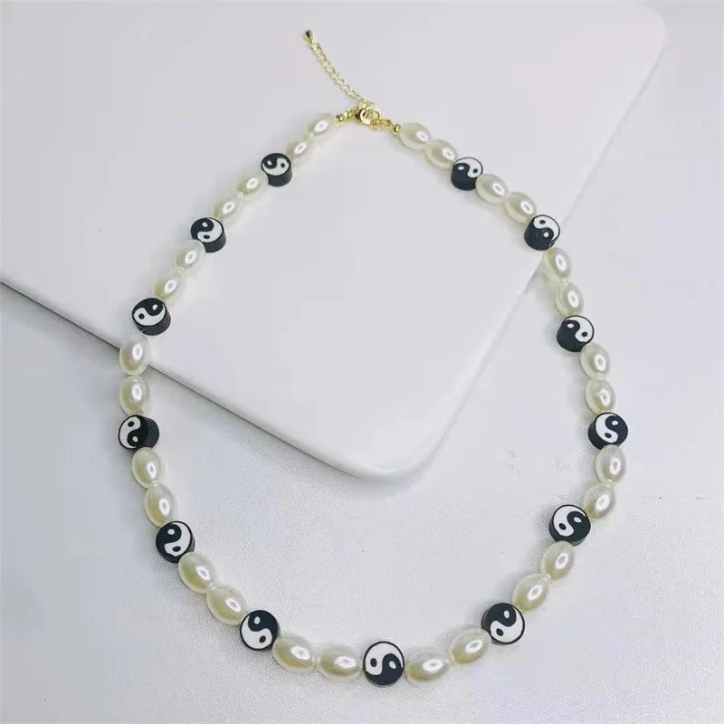 Goth Pearl Tai Chi Yin Yang Necklace Women Beads DIY Harajuku Neckla