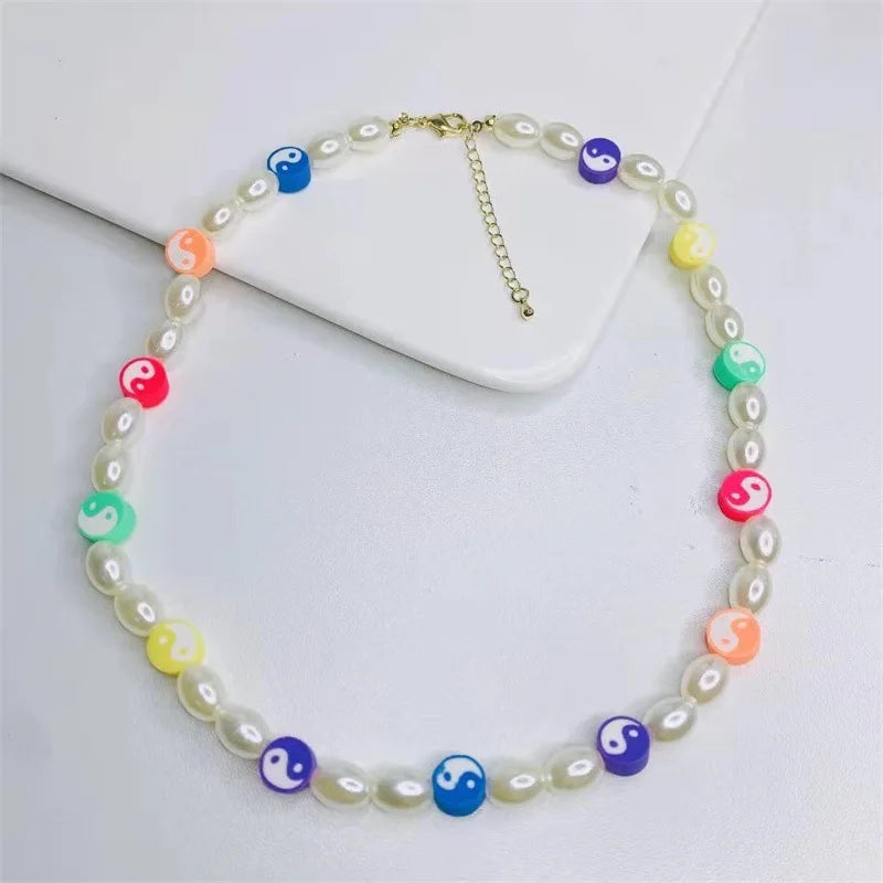 Goth Pearl Tai Chi Yin Yang Necklace Women Beads DIY Harajuku Neckla