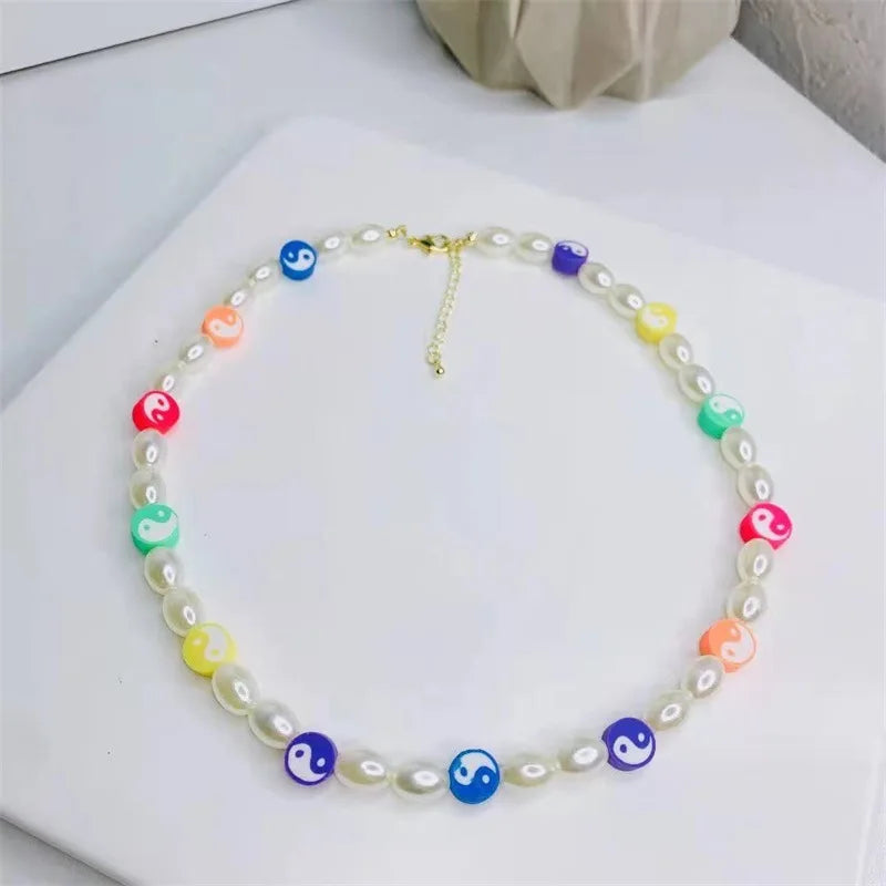 Goth Pearl Tai Chi Yin Yang Necklace Women Beads DIY Harajuku Neckla