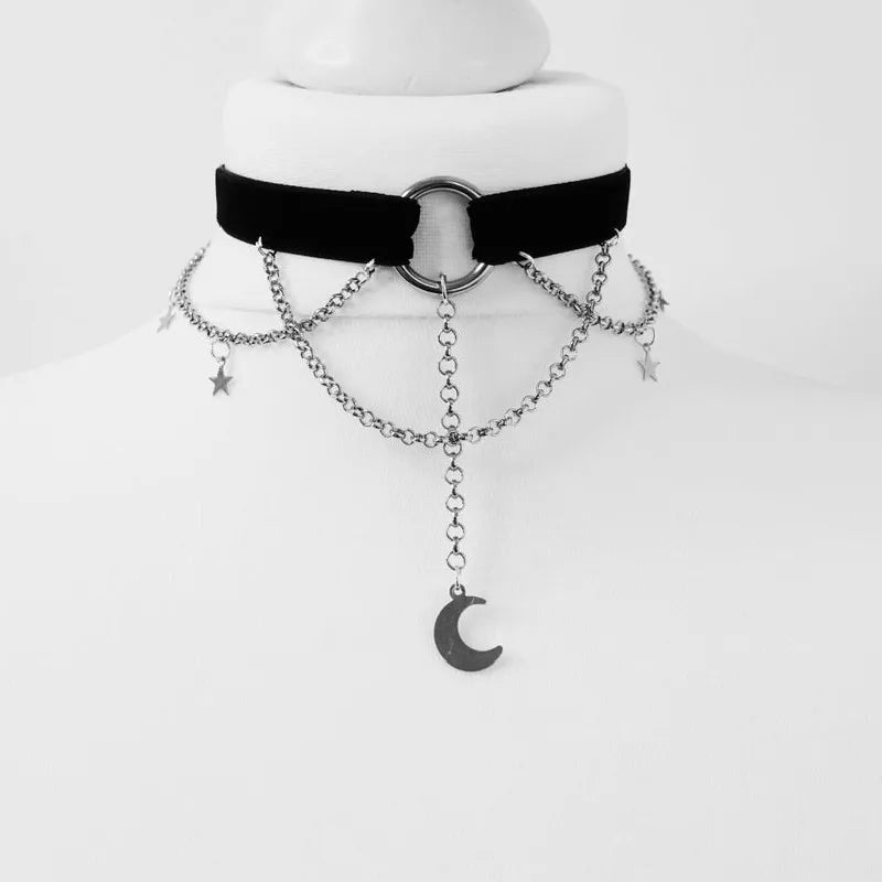Goth Pentagram Moon Chain Choker Witch Necklace Punk Gothic Pendant Grunge Jewel