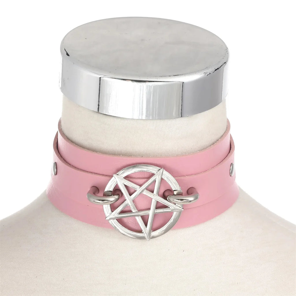 Goth Pentagram Necklace Star Choker Collar Pu Leather Gothic Accessory