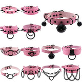 Goth Pink Leather Rivet Spike Collar Chain Neck Strap