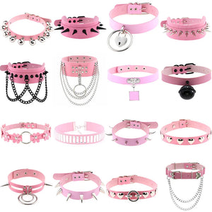 Goth Pink PU Leather Necklace for Women Rivet Spike Punk Collar Chain