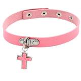 Goth Pink PU Leather Necklace for Women Rivet Spike Punk Collar Chain