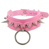 Goth Pink PU Leather Necklace for Women Rivet Spike Punk Collar Chain