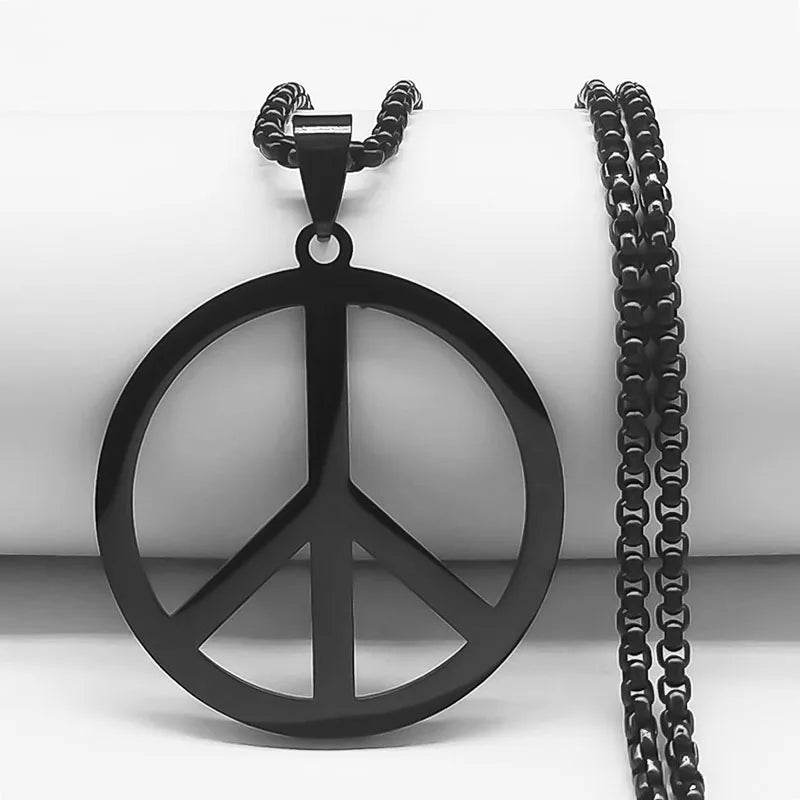 Goth Punk Peace Sign Necklace Men Stainless Steel Chain Jewelry