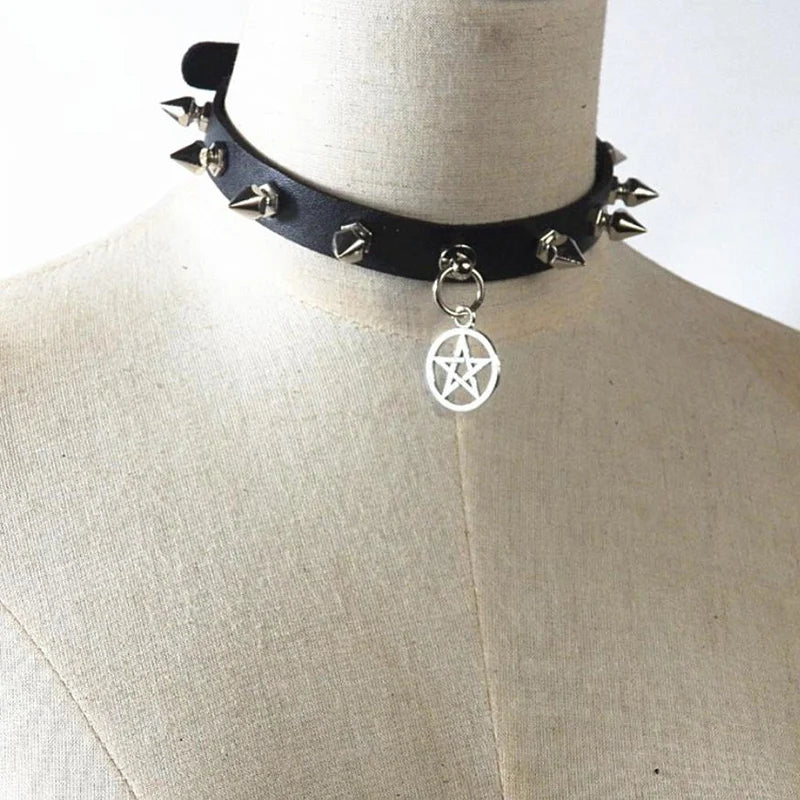 Punk Spike Rivet Pentagram Choker Collar Steampunk Necklace