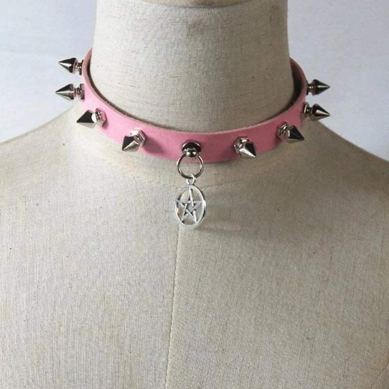 Punk Spike Rivet Pentagram Choker Collar Steampunk Necklace