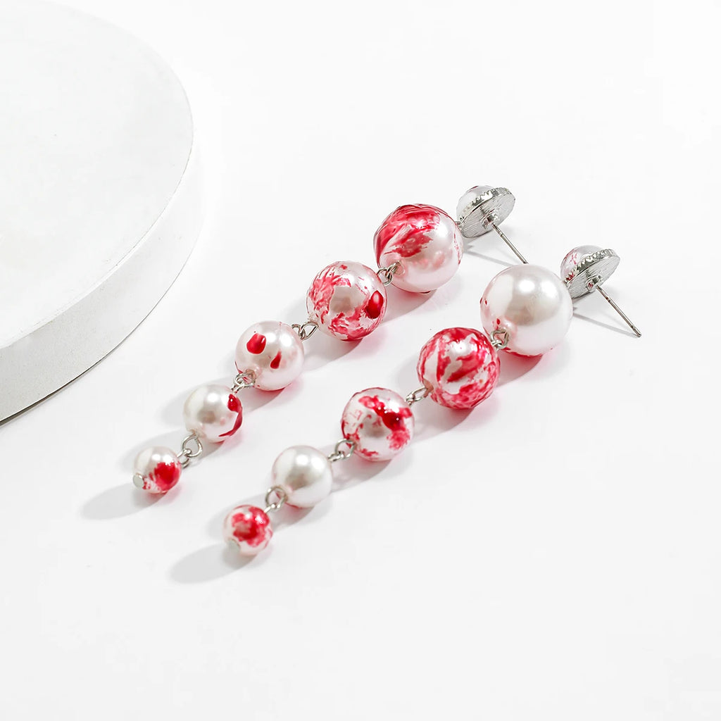 Goth Red Pearl Long Tassel Drop Earrings Halloween Jewelry