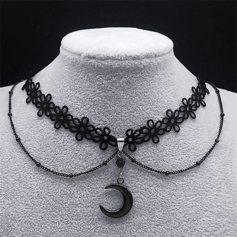 Gothic Lace Choker Necklace Stainless Steel Tassel Vintage