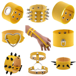 Goth Spike Bracelets Gothic Punk Yellow PU Leather Couple Bracelets