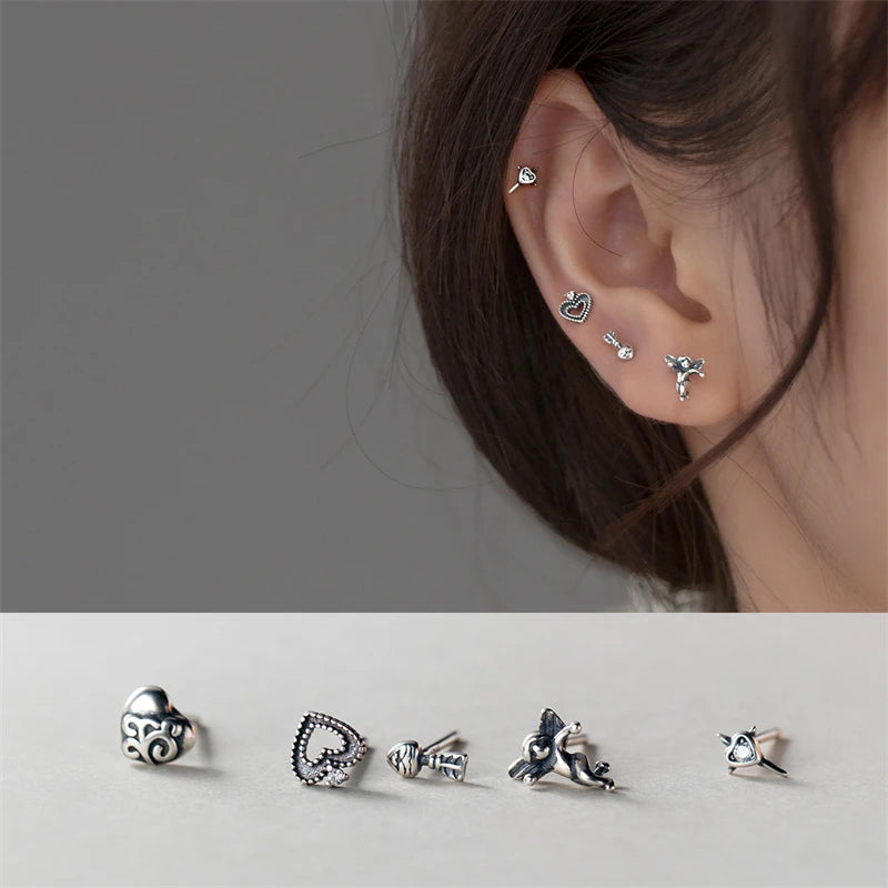 Gothic 925 Silver Heart Angel Cross Stud Earrings