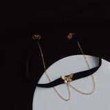 Goth Vintage Butterfly Velvet Double Chain Choker Necklace