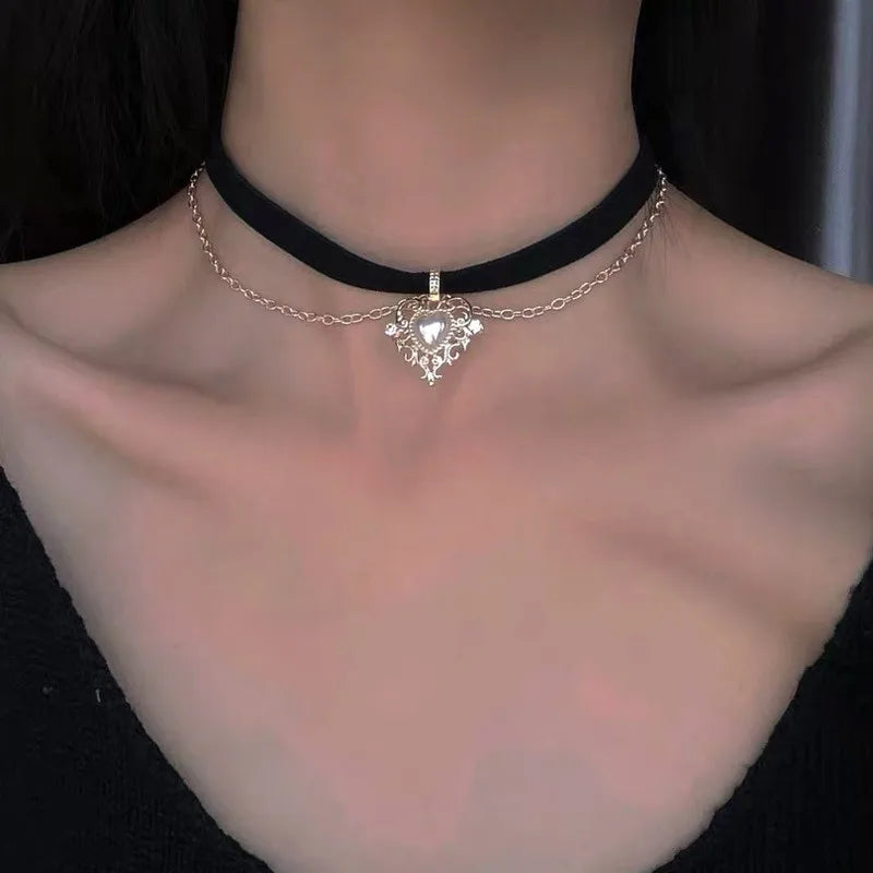 Goth Vintage Butterfly Velvet Double Chain Choker Necklace