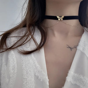 Goth Vintage Butterfly Velvet Double Chain Choker Necklace
