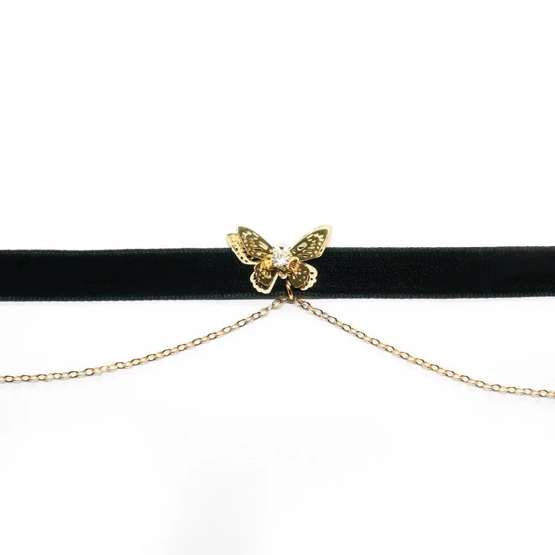 Goth Vintage Butterfly Velvet Double Chain Choker Necklace