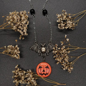 Gothic Bat Charm Necklace Pumpkin Bat Pendant Halloween Jewelry