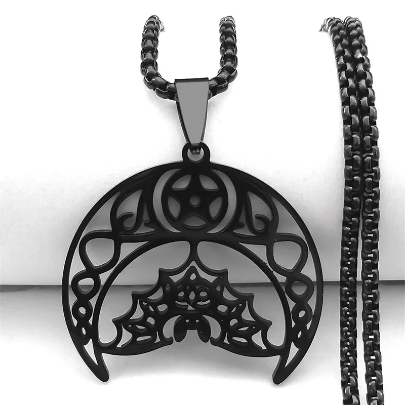 Gothic Bat Pentagram Moon Necklace Stainless Steel Witch Crescent Chain Jewelry