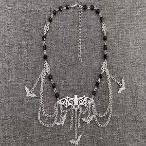Gothic Bats and Chains Choker Necklace With Bat Charms, Chains and Beads