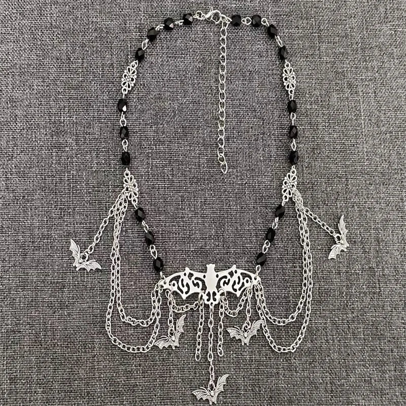 Gothic Bats and Chains Choker Necklace With Bat Charms, Chains and Beads