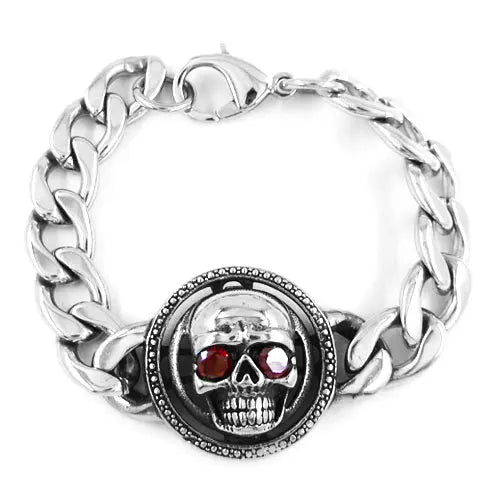Gothic Biker Skull Bracelet Red Stone Eyes Stainless Steel Titanium Jewelry