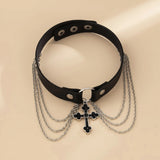 Y2K Gothic Cross Pendant Necklace Grunge Tassels Leather Women Jewelry