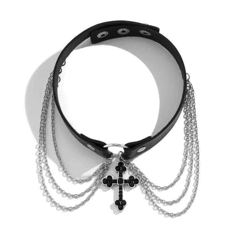 Y2K Gothic Cross Pendant Necklace Grunge Tassels Leather Women Jewelry