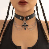 Y2K Gothic Cross Pendant Necklace Grunge Tassels Leather Women Jewelry