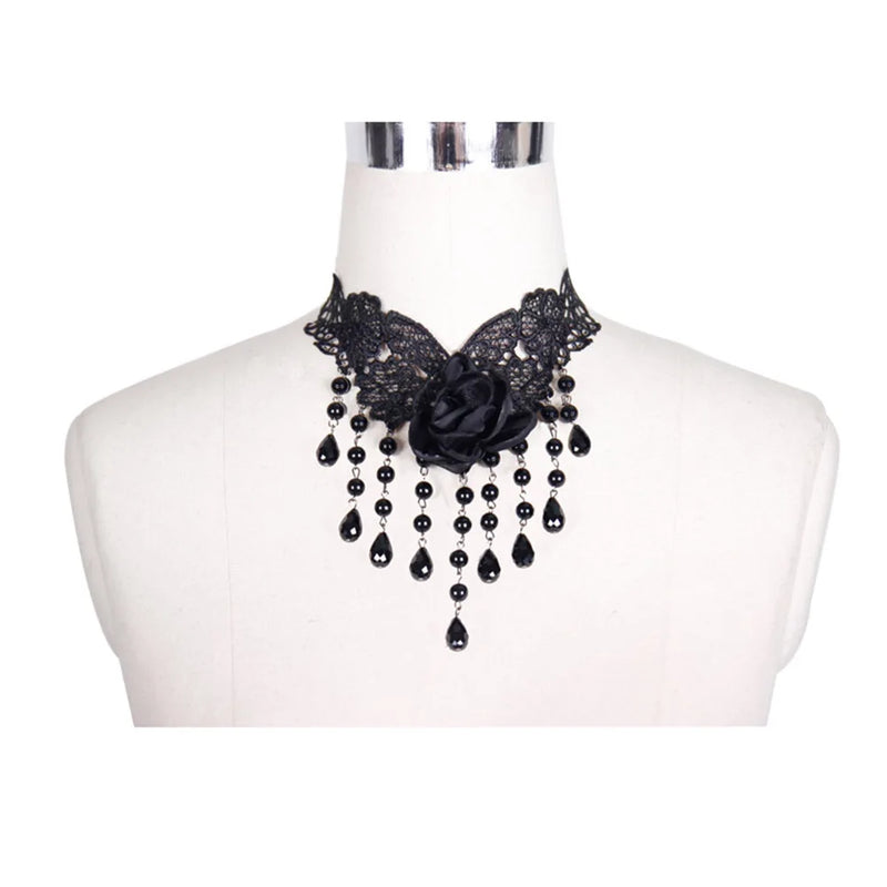Gothic Lace Choker Necklace Cosplay Rose Beads Pendant Steampunk Party Chain