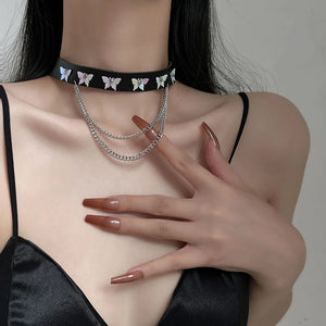 Gothic Leather Tassel Necklace Harajuku Egirl Reflective Buttherfly Necklaces