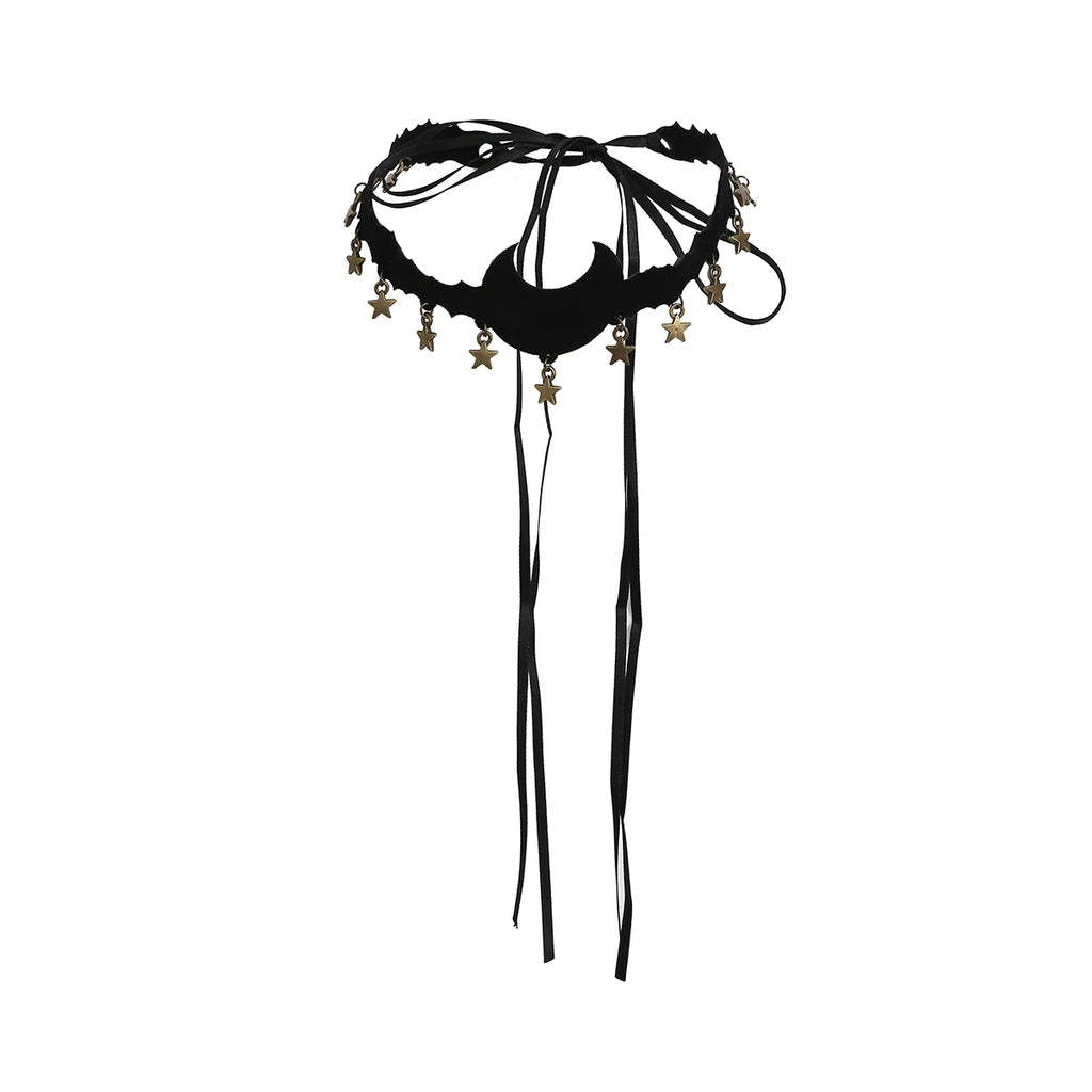 Gothic Moon Star Tassel Choker Necklace Vintage Halloween Jewelry