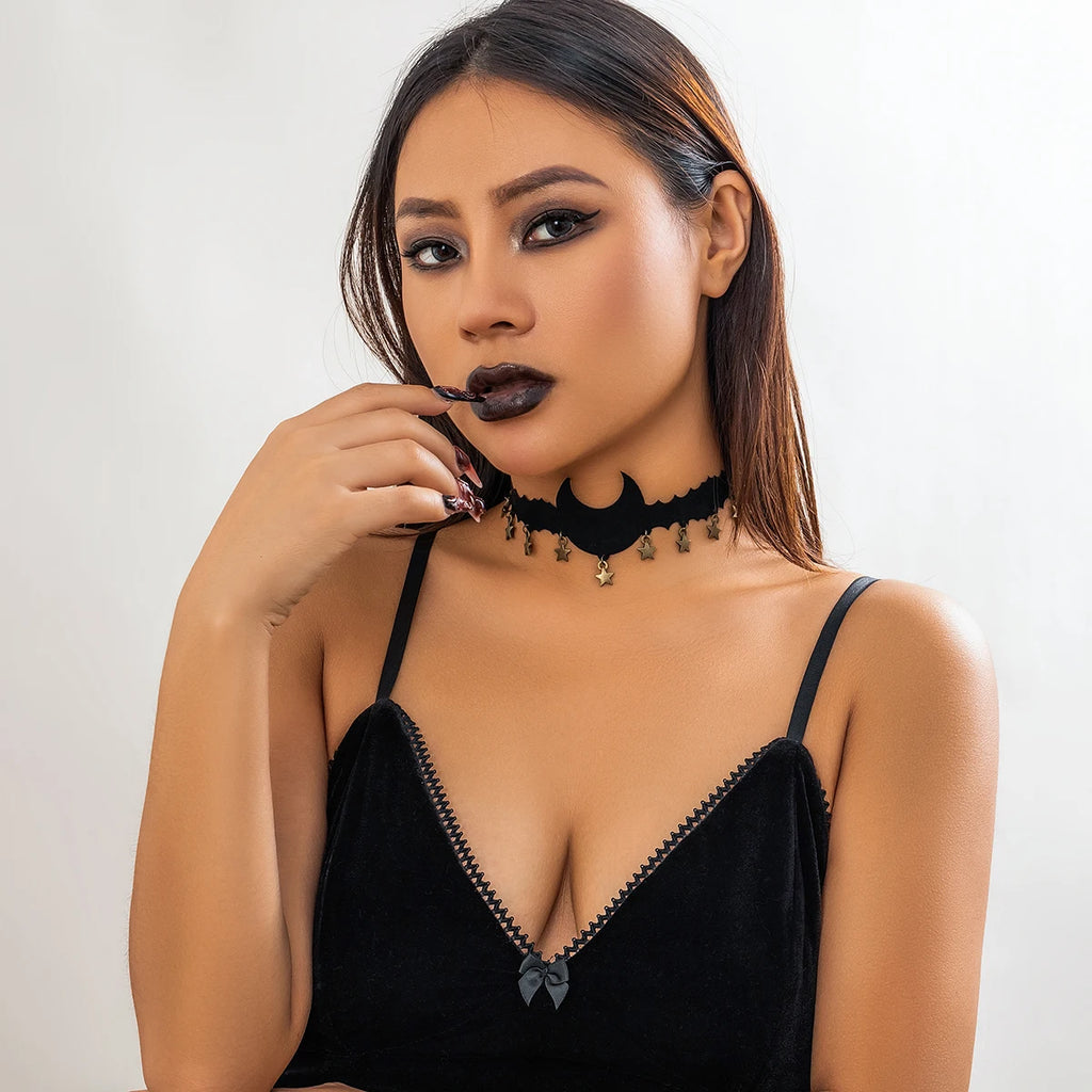 Gothic Moon Star Tassel Choker Necklace Vintage Halloween Jewelry