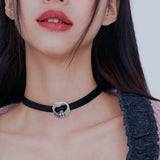 Gothic Pu Leather Choker Necklaces with Metal Heart Decor Purple Crystal