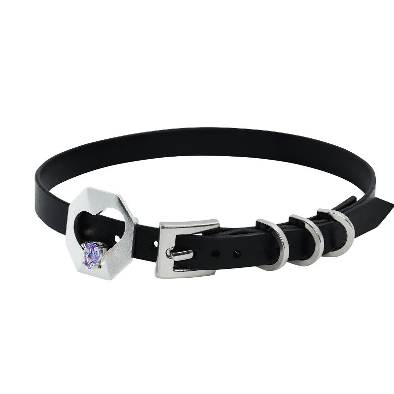 Gothic Pu Leather Choker Necklaces with Metal Heart Decor Purple Crystal