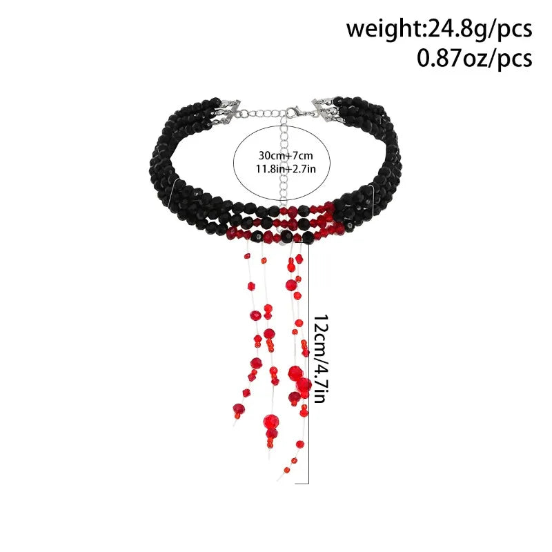 Gothic Blood Choker Halloween Necklace Crystal Beaded Short Vintage Y2K Jewelry
