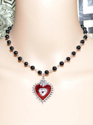 Blood Red Pearl Heart Necklace Evil Eye Charm Rosary Choker