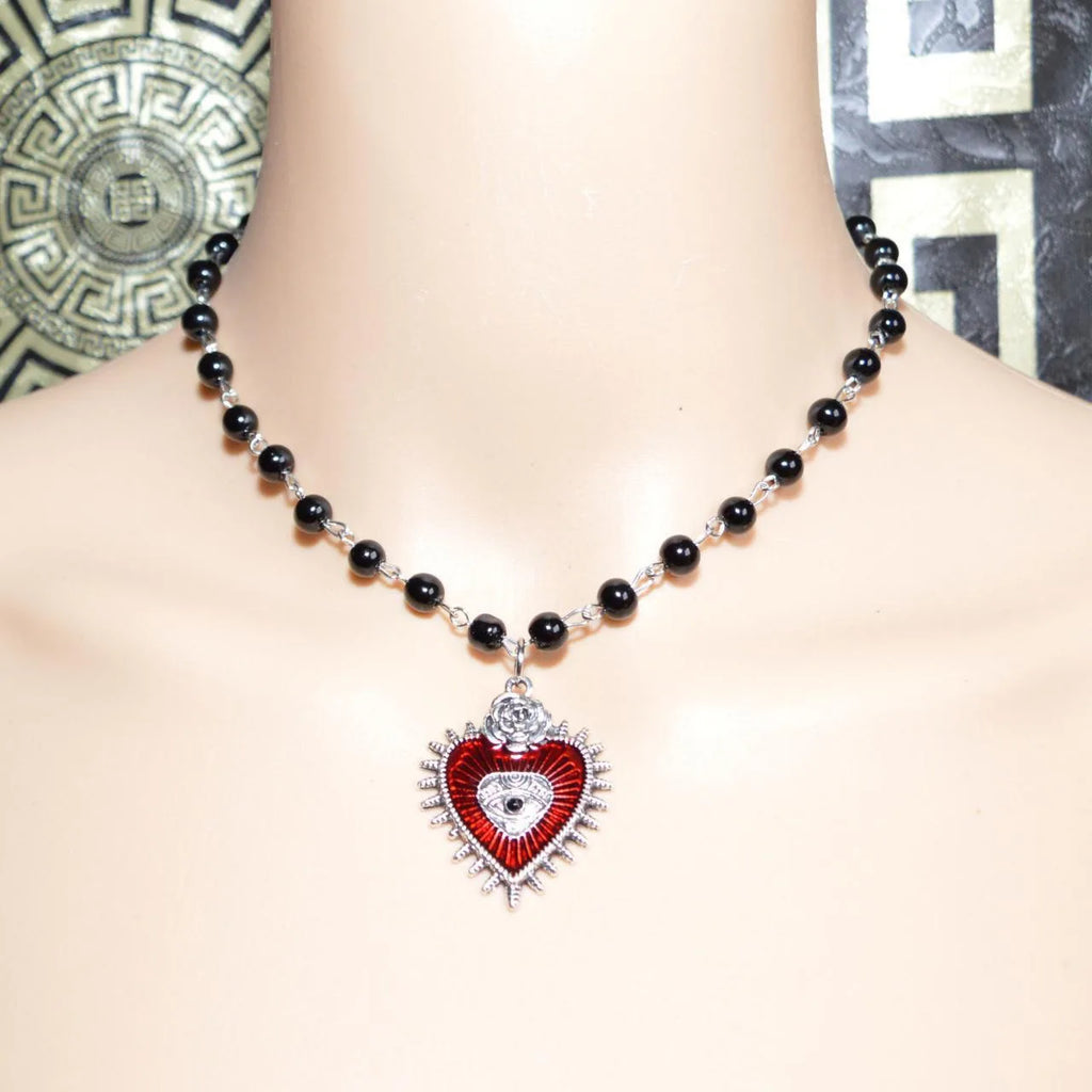Blood Red Pearl Heart Necklace Evil Eye Charm Rosary Choker