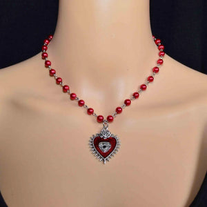 Blood Red Pearl Heart Necklace Evil Eye Charm Rosary Choker