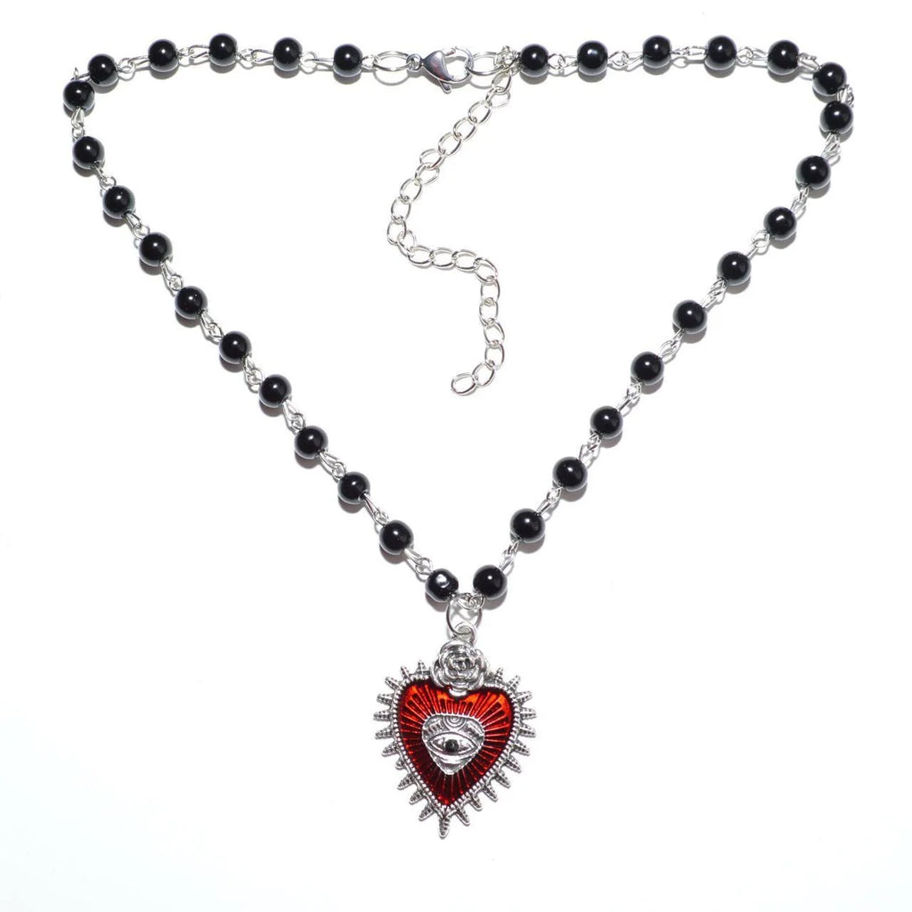 Blood Red Pearl Heart Necklace Evil Eye Charm Rosary Choker