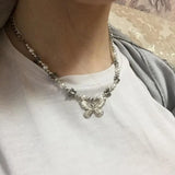 Gothic Butterfly Pendant Necklace Choker Hippop Pearl Chain